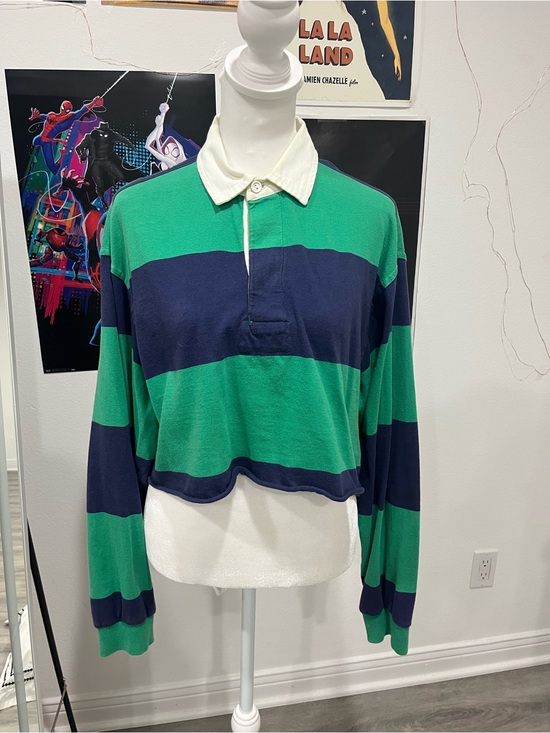 Urban Outfitters Tops - Urban Outfitters Green & Navy Striped Collared Long Sleeve Rugby Polo